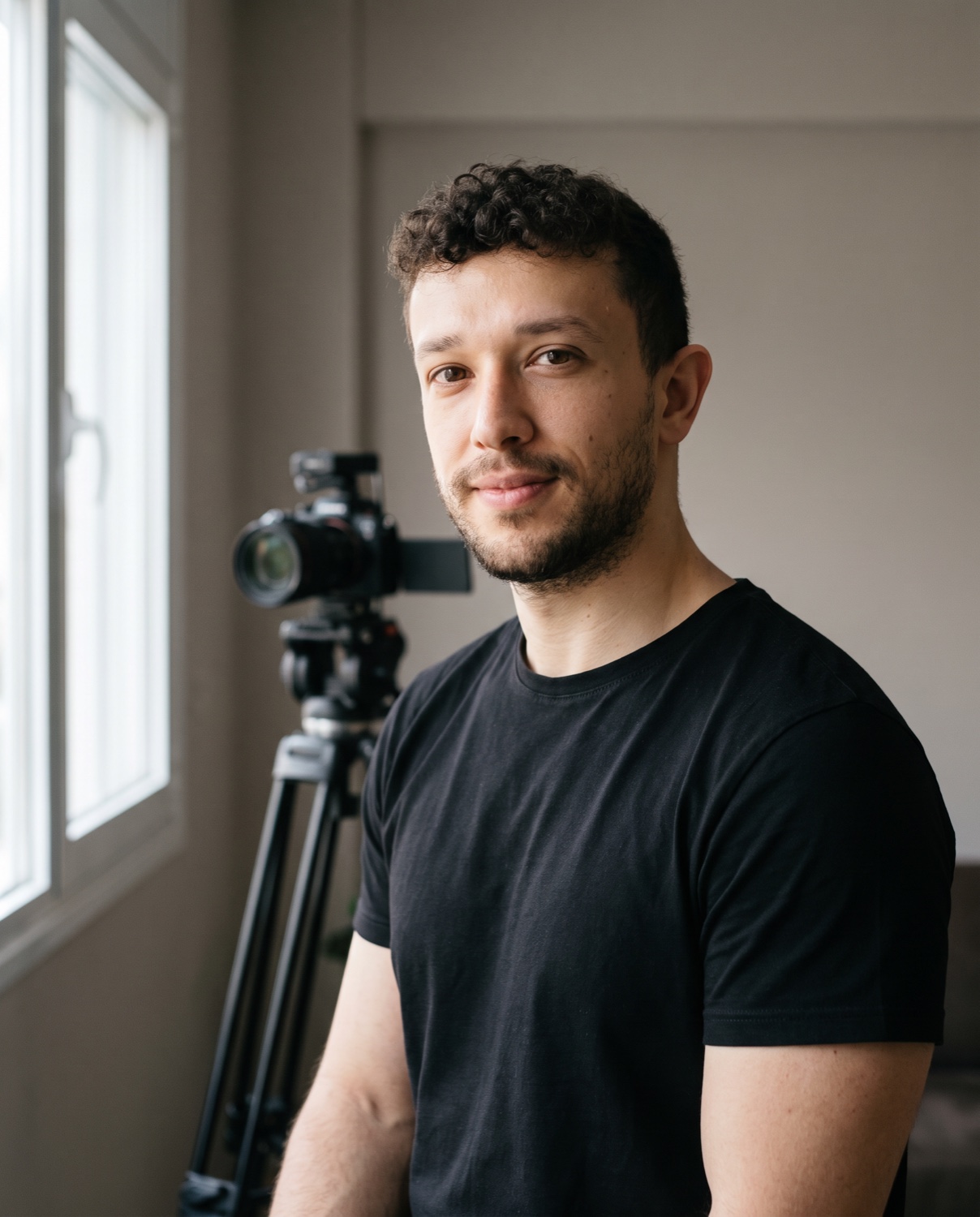 AI-assisted studio portrait of Giorgos Patsali, without glasses, beside a cinema camera